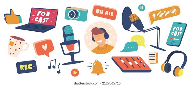 Set of Podcast Icons Laptop, Microphone, Photo Camera, Sound Track, Headphones. Record and Play Button, Music Notes, Equalizer, Dj Avatar, Speech Bubbles and Smartphone. Cartoon Vector Illustration