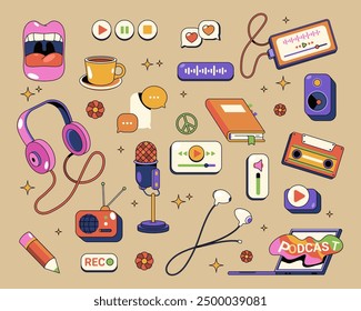 Set of podcast icons or vector broadcast sign. Flat music or sound elements for concert or interview, broadcasting and karaoke, speech and media, stage sign or retro show. Microphone and headphones