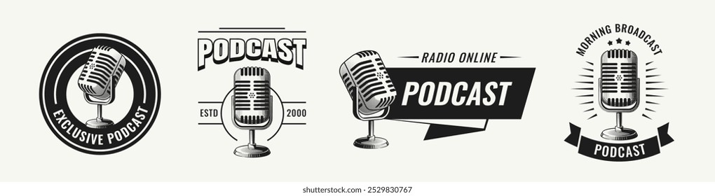 Set of podcast logo design. Vintage retro templates with microphones for online radio podcast and live broadcast. Black and white vector illustration collection isolated on background