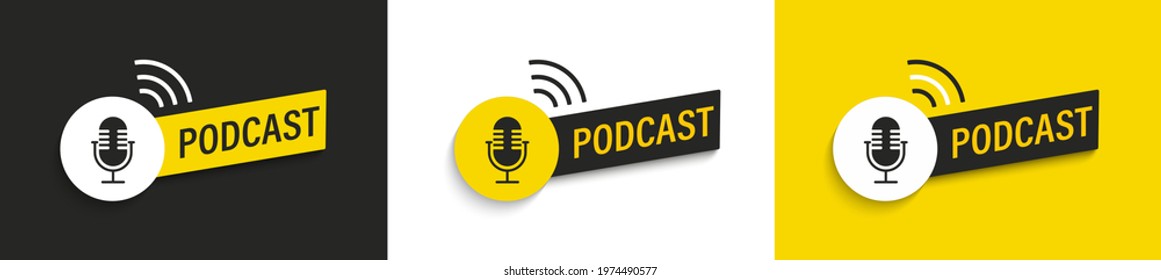 Set podcast logos and symbols, icons with studio microphone in black,white and yellow.Emblems for broadcast,news and radio streaming.Template for shows,live performances. Dj audio podcasting.Vector