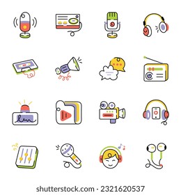 Set of Podcast Media Sketchy Icons 

