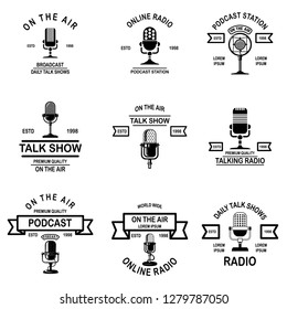 Set of podcast, radio emblems with microphone. Design element for logo, label, sign, badge, poster. Vector illustration