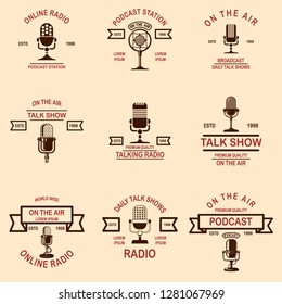 Set of podcast, radio emblems with microphone. Design element for logo, label, sign, badge, poster. Vector illustration