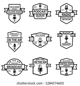 Set of podcast, radio emblems with microphone. Design element for logo, label, sign, badge, poster. Vector illustration