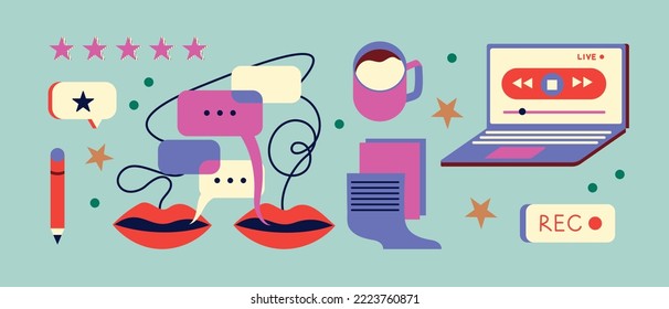 Set of podcast recording and listening icons in retro style. A computer with a record player, lips with a speech bubble and a cup of coffee. Cover icon set. Equipment for streams. Vector flat design