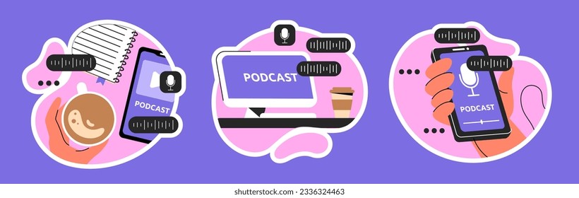 Conjunto de stickers de podcast. Pantalla de ordenador y smartphone con archivos de audio, contenido interesante. Música y lista de reproducción, canciones. Colección vectorial plana de dibujos animados aislada en fondo azul