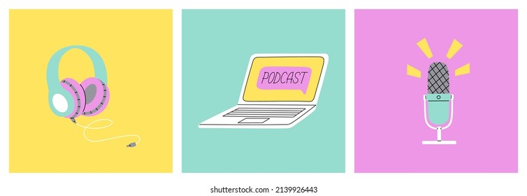 Set of podcast stuff. Microphone, laptop, headphone. Concept of broadcast recording and listening, online radio. Hand drawn vector illustration isolated on multicolored background. Flat cartoon style