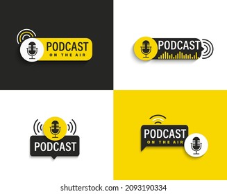 Set podcast symbols,icons,logos in black and yellow with studio microphone. Emblems for broadcast,news and radio streaming.Template for shows,live performances.Dj audio podcasting.Vector illustration.