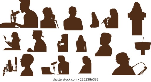 set of podcastig silhouette illustration, postcasters recording illustration, Microphone, Broadcasting silhouette, Host, Digital talk, communication silhouettes, Media podcast equipment
