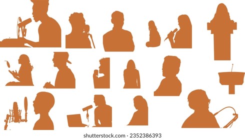 set of podcastig silhouette illustration, postcasters recording illustration, Microphone, Broadcasting silhouette, Host, Digital talk, communication silhouettes, Media podcast equipment
