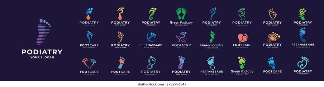 set of podiatry logo set. mega collection podiatrist foot care inspiration, perfect logos for brand business company.