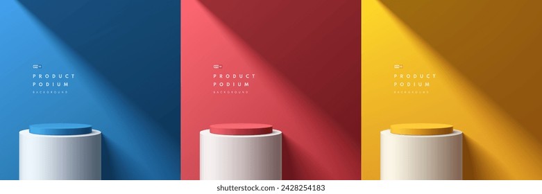 Set of podium 3D background with yellow, blue, red, white cylinder stand product pedestal on window light scene. Abstract composition in minimal design. Platforms mockup stand product display design.