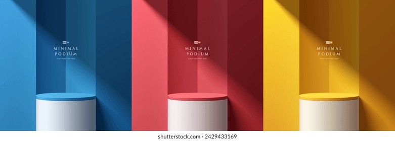 Set of podium 3D background with yellow, blue, red, white cylinder stand product pedestal on window light scene. Abstract composition in minimal design. Platforms mockup stand product display design.