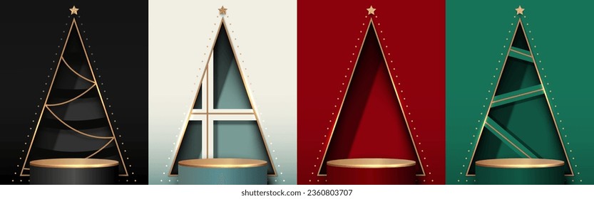 Conjunto de podio con fondo abstracto de pared de árbol de Navidad. Diseño peatonal para exhibición de productos en el día de Navidad. Ilustración vectorial.