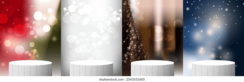 Set of podium with blur background of Christmas bokeh scene. Pedestal design for product display on Christmas day. Vector illustration