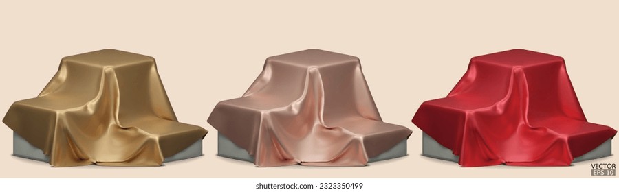 Set of Podium covered with a piece of beige, gold,red silk isolated on background. Realistic box covered with cloth. Podium for product, cosmetic presentation. 3d vector illustration.