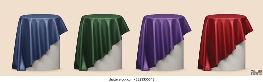 Set of Podium covered with a piece of blue, green, purple, and red silk isolated on Background. Realistic Cylindrical box covered with cloth. Podium for product, presentation. 3d vector illustration.