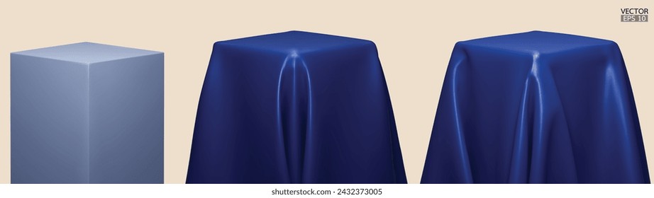 Set of Podium covered with a piece of blue silk isolated on background. Realistic box covered with blue cloth. Podium for product, cosmetic presentation. Creative mock up. 3d vector illustration.