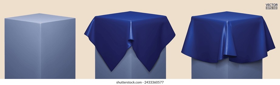 Set of Podium covered with a piece of blue silk isolated on background. Realistic box covered with blue cloth. Podium for product, cosmetic presentation. Creative mock up. 3d vector illustration.