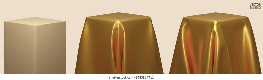 Set of Podium covered with a piece of gold silk isolated on background. Realistic box covered with golden cloth. Podium for product, cosmetic presentation. Creative mock up. 3d vector illustration.