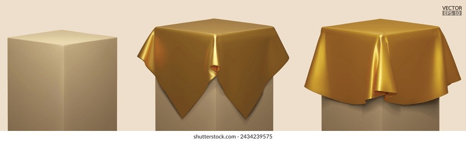 Set of Podium covered with a piece of gold silk isolated on background. Realistic box covered with golden cloth. Podium for product, cosmetic presentation. Creative mock up. 3d vector illustration.