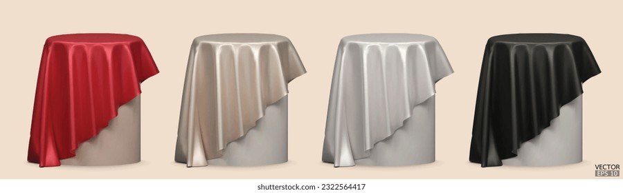 Set of Podium covered with a piece of red, beige, white, and black silk isolated on Background. Realistic Cylindrical box covered with cloth. Podium for product, presentation. 3d vector illustration.