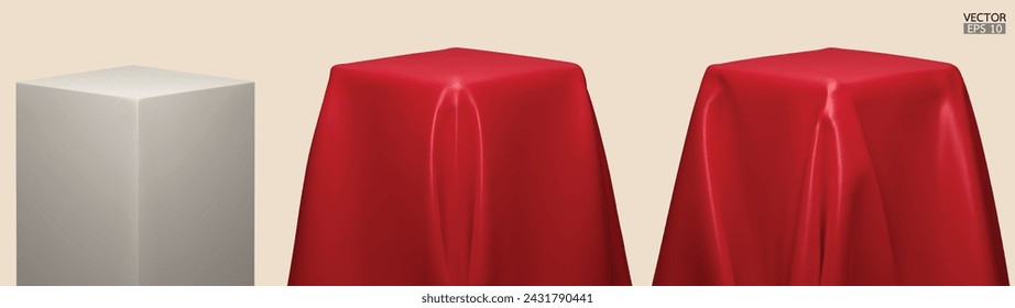 Set of Podium covered with a piece of red silk isolated on background. Realistic box covered with red cloth. Podium for product, cosmetic presentation. Creative mock up. 3d vector illustration.