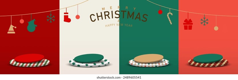 Set of podium design for Christmas festive. Circle tilted on Xmas pattern pedestal. Vector illustration.