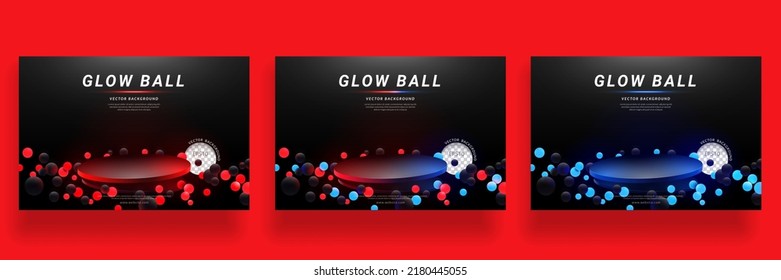 Set of podium floating with red, blue glowing ball neon on black background for product display. Layout horizontal, Vector illustration