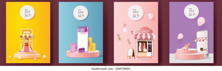 set podium online shopping on phone buy sell business digital  web banner application money advertising payment ecommerce vector illustration search