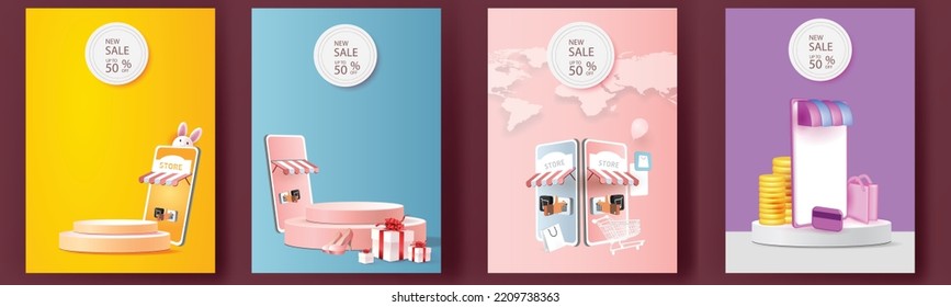 set podium online shopping on phone buy sell business digital  web banner application money advertising payment ecommerce vector illustration search