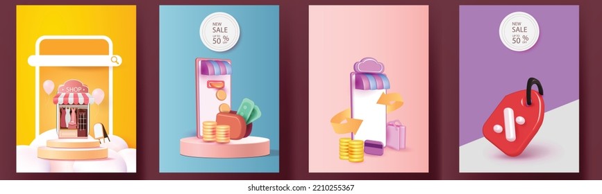 set podium online shopping on phone buy sell business digital  web banner application money advertising payment ecommerce vector illustration search