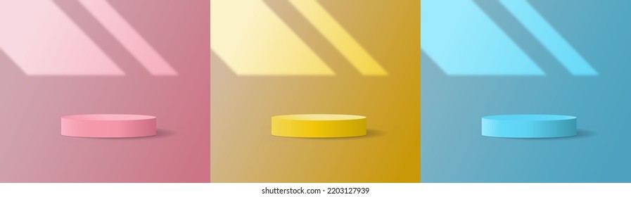 Set of podium pedestals Abstract vector rendering of a geometric platform. Product display presentation. Minimal scene