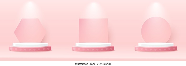 Set of podium platform to show product with light sign and spotlight on pink background. Vector illustration