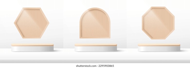 Conjunto de plataforma de podio para mostrar producto con hexágono beige, octógono y fondo cuadrado. Escena mínima en blanco para la presentación del producto