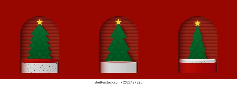 Set of podium platform to show product with red geometric shape on christmas tree background. Red minimal scene for product display presentation. Merry Christmas banner