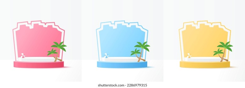 Set of podium for product display presentation. Podium platform to show product with pink, yellow and blue background. Summer time background