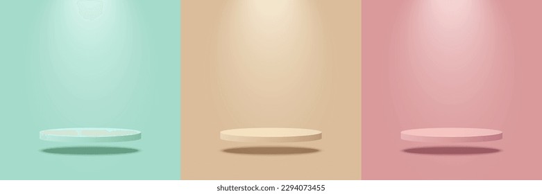 Set of podium for product display presentation with natural light background. Podium platform to show product with green, yellow and pink background