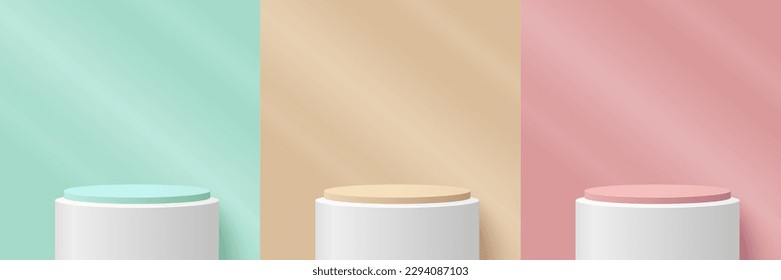 Conjunto de podio para presentación de producto con fondo de luz natural. Plataforma de podio para mostrar productos con fondo verde, amarillo y rosa