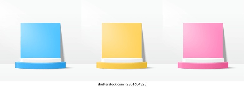 Set mit einem Podium für die Produktpräsentation. Podiumsplattform zur Anzeige von Produkten auf blauem, gelbem und rosafarbenem Hintergrund