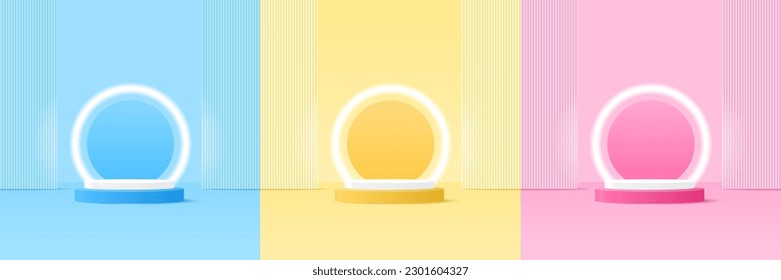 Set of podium for product display presentation. Podium platform to show product with blue, yellow and pink background