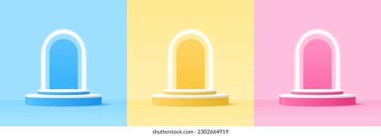 Conjunto de podio para la presentación del producto. Plataforma de podio para mostrar el producto con fondo azul, amarillo y rosa