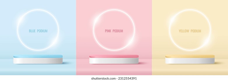 Set von Podium für die Produktpräsentation mit leuchtender Neon-Rundkreisform. Podiumsplattform zur Anzeige von Produkten auf blauem, gelbem und rosafarbenem Hintergrund
