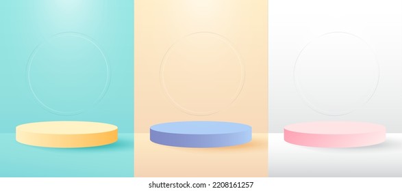 Set podium realistic 3d cylinder pedestal podium with circle neon lamp background. Abstract vector rendering geometric forms. Minimal scene. Stage showcase