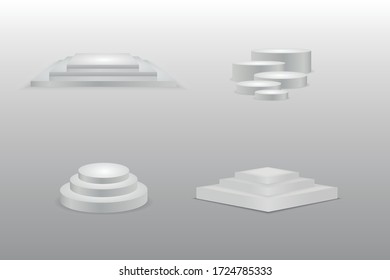 Set of Podium scene or 3D round pillar stand scene and winner pedestal. Showroom pedestals, floor stage platform vector isolated mockup
