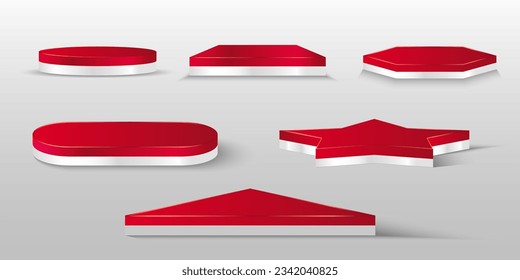 set podium shape circle, square, oval, triangle, star. Red and white in color
