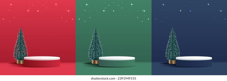 Establecer forma de podio para mostrar productos cosméticos para el día de la navidad o años nuevos. stand product showcase with tree, ball and stars christmas. diseño vectorial.