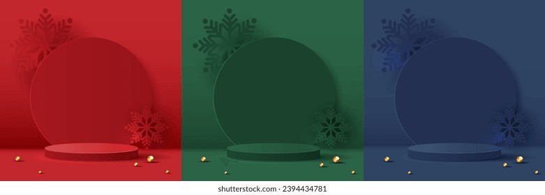 Set podium shape for show cosmetic product display for christmas day or new years. stand product showcase with snowflake. vector design.