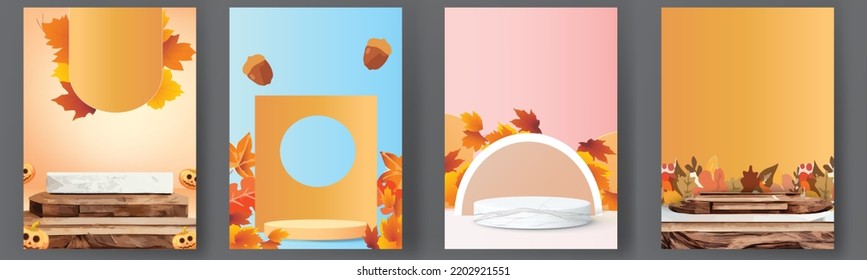 set podium stage autumn season paper art colorful for show banner sale vector illustation