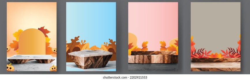 set podium stage autumn season paper art colorful for show banner sale vector illustation
